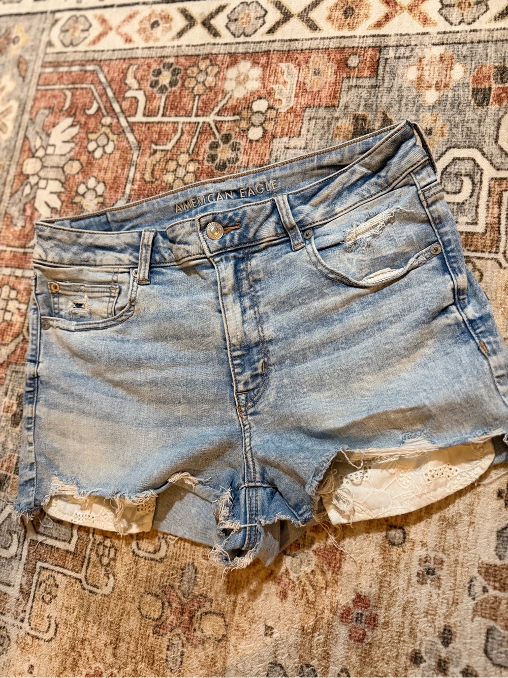 American Eagle Outfitters Light Blue Distressed Denim Shorts with Lace Trim